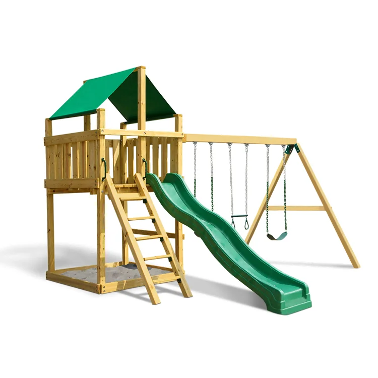 Kids Outdoor Swing Set With Slide - Drewniany mały zestaw do zabawy na