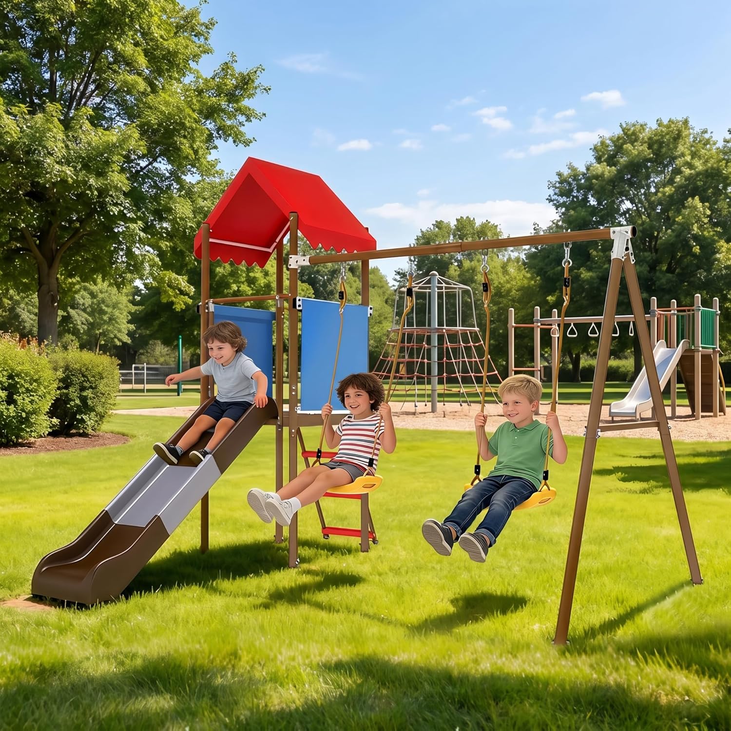 Metalowy zestaw huśtawek dla d – Kids Outdoor Swing Set With Slide recenzja i cena